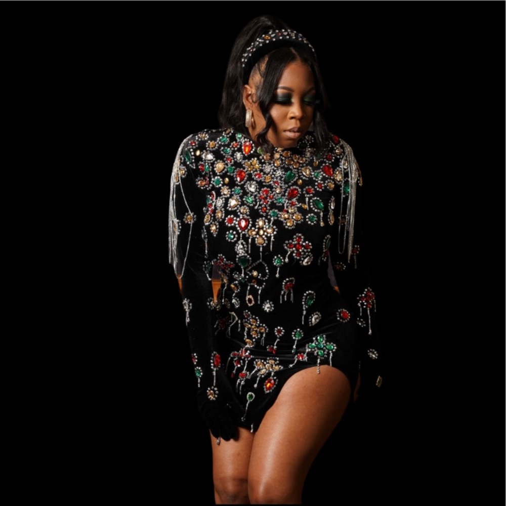 Black widow dress. Velvet , embellished all over , mockneck with gloves.